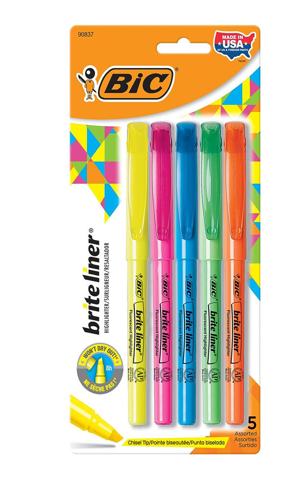 BIC Brite Liner Highlighters, Chisel Tip, 5-Count